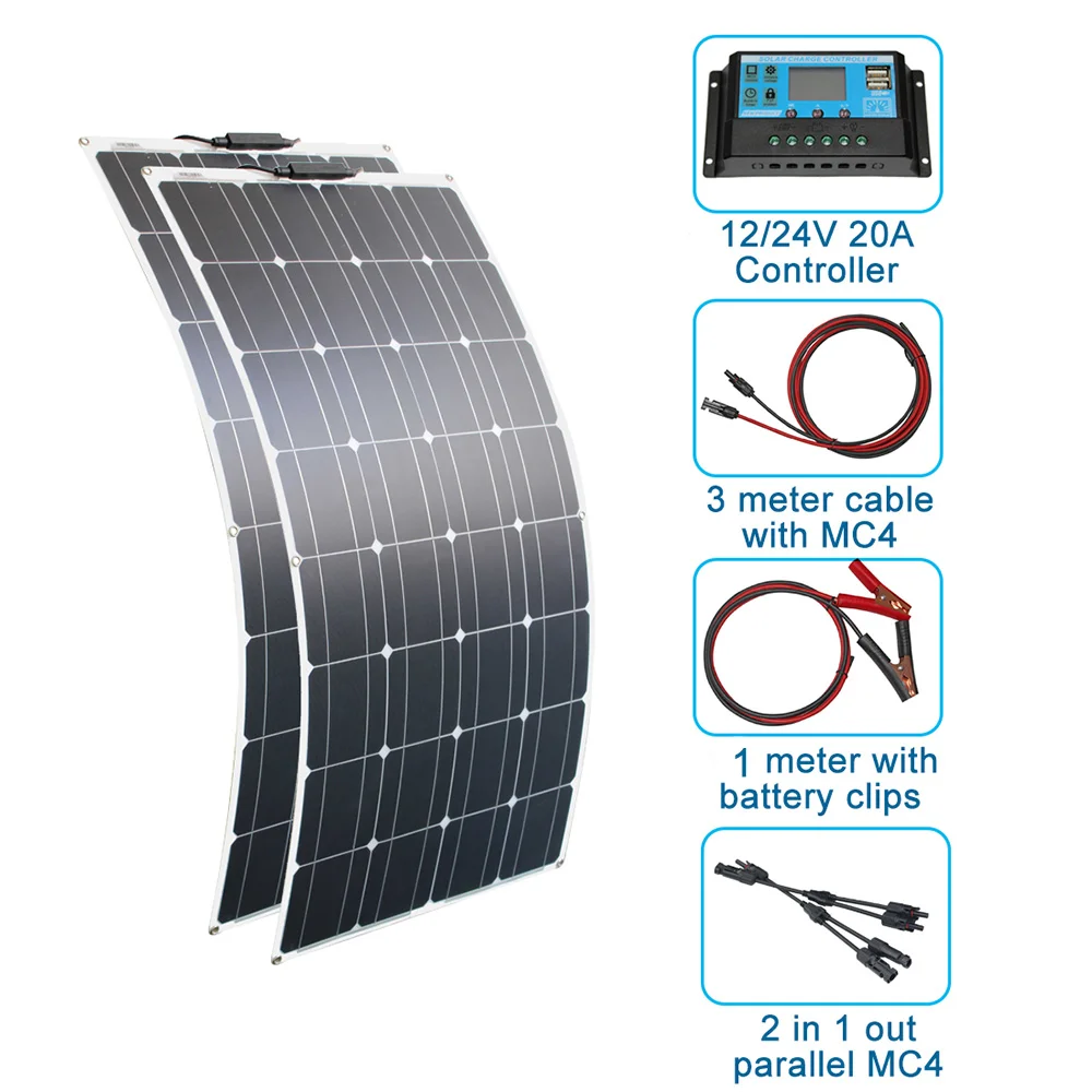 200W Solar Panel Charger Ultra Thin Flexible Power Supply Panel for RV Boat 