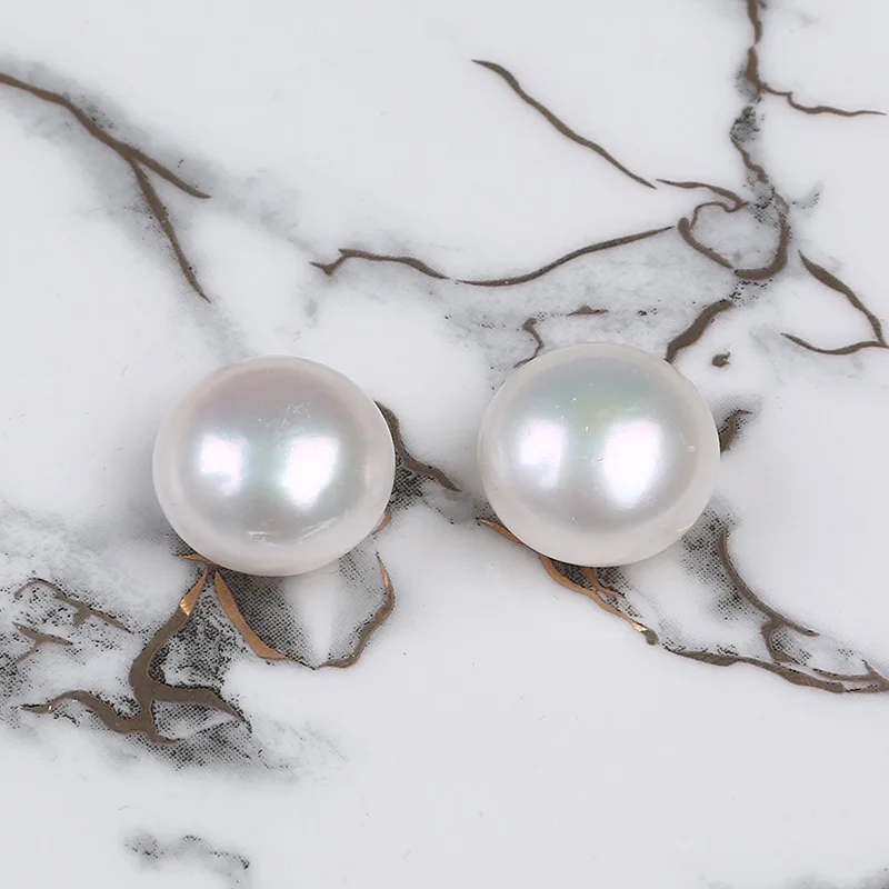 14-15毫米aaaa级大尺寸淡水白色纽扣珍珠珠成对批发