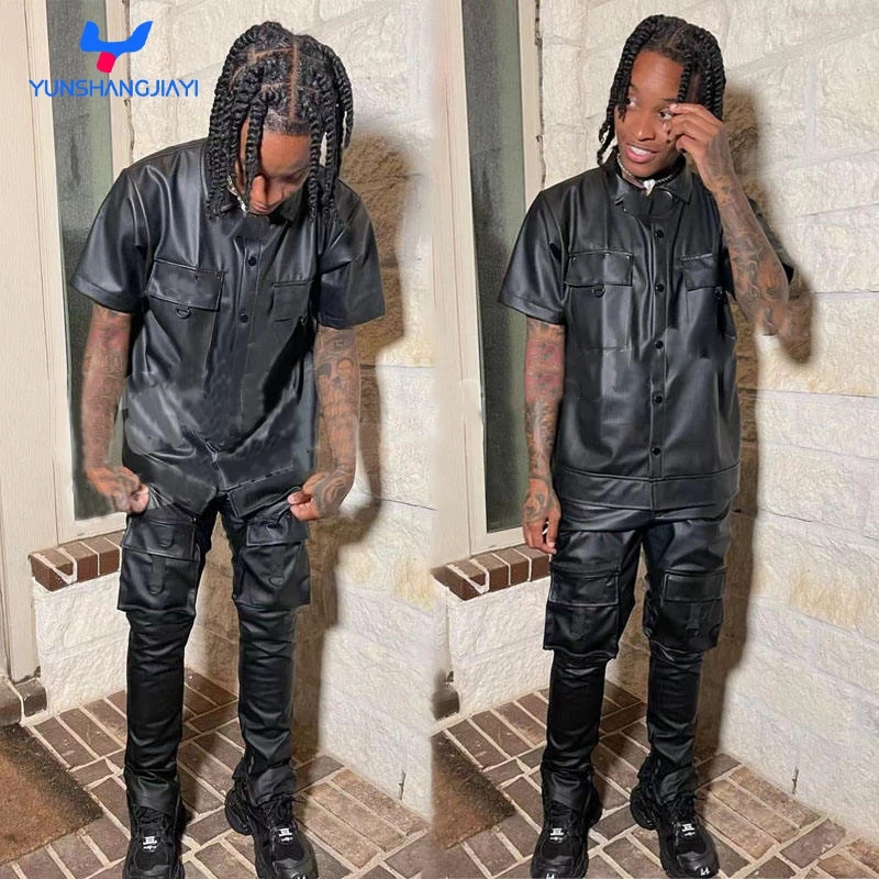 YSJY Pu Faux Leather Cargo Stacked Flare Pants & Shirt Sets