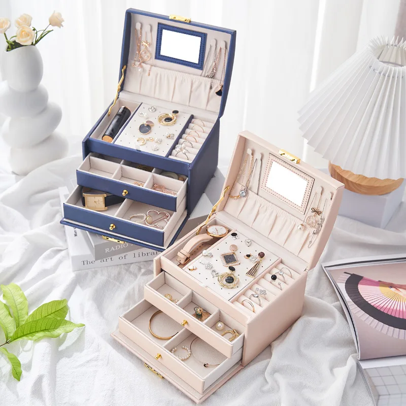 HJH70 Women's PU Leather Travel Jewelry Box with Mirror - Portable