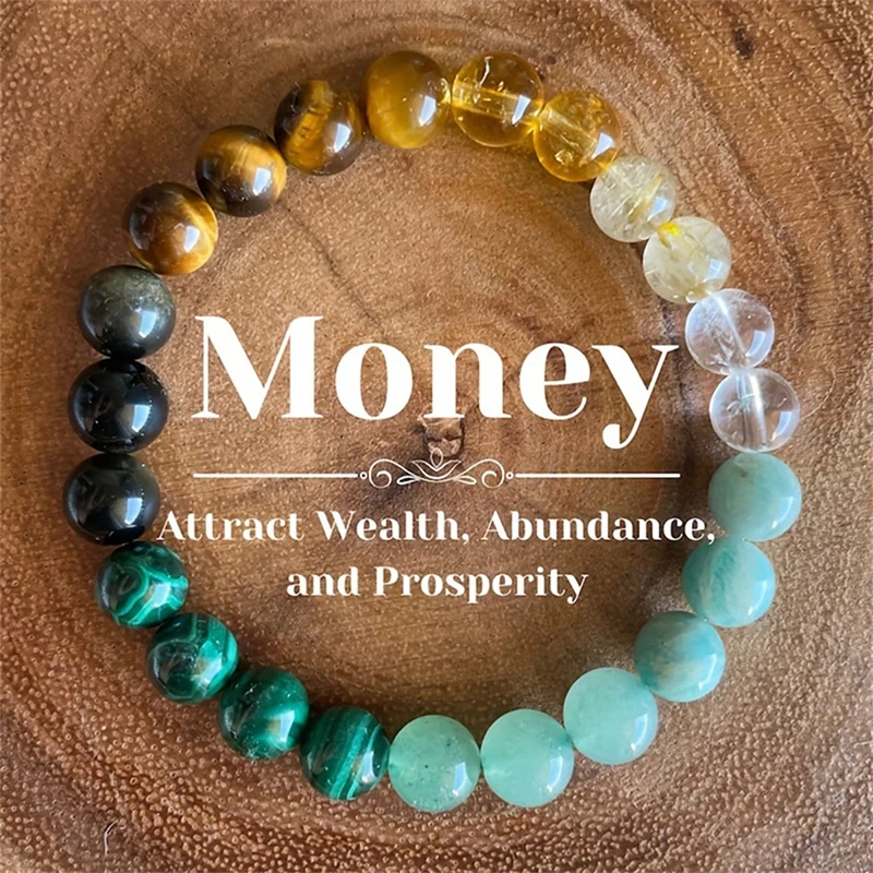 Natural Stone Quartz Healing Crystal Stretch Beaded Bracelet Wealth Money Jewelry Men Women Gift