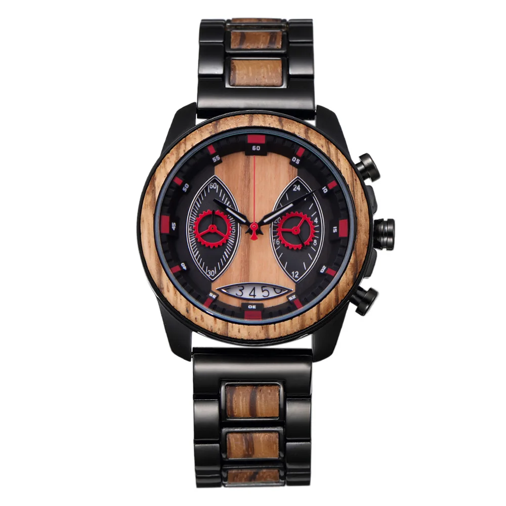 Luxury Mens Waterproof Multi-functional Wood Watch Business Calendar Large  Dial Chronograph Quartz Watches Wooden Wristwatch