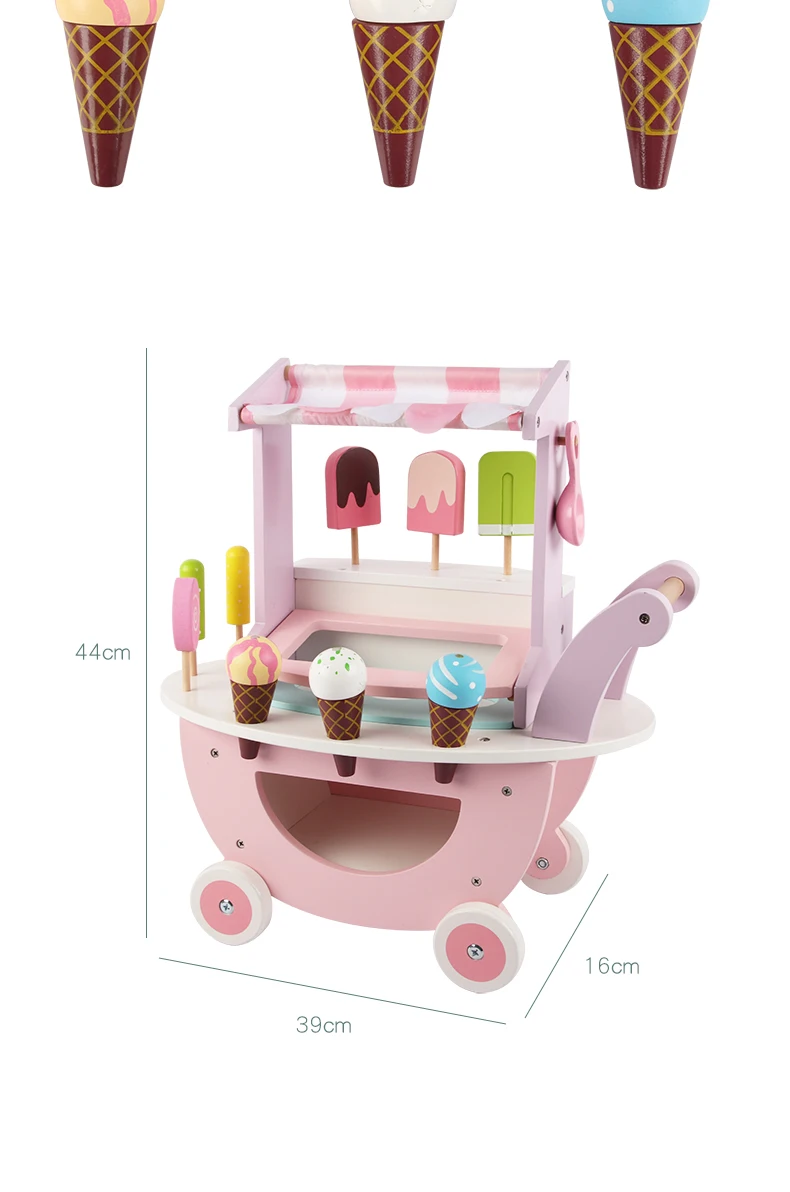 Wooden Ice Cream Cart Toys For Kids Toddlers Pretend Play Food Truck