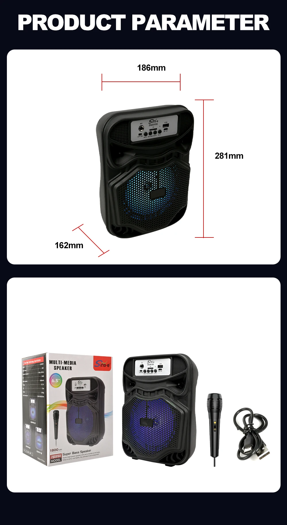 Sing-e ZQS6159 Portable Bluetooth Speaker with RGB LED, 30W Power
