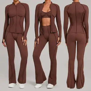 New Comfortable Zipper Slim Jackets 3PCS Sport Bra Set High Waist Flare Pants for Women Gym Fitness Yoga Sets