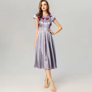 Factory Wholesale Runway Fashion Summer Midi Dress Women Three-dimensional Flower O-Neck High Waist Satin Vintage Party Dress