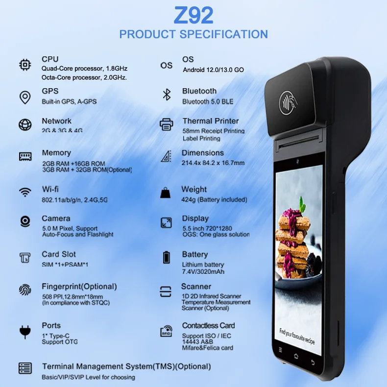 ZCS Z92 Android 13.0 POS System with NFC Dual SIM Slots