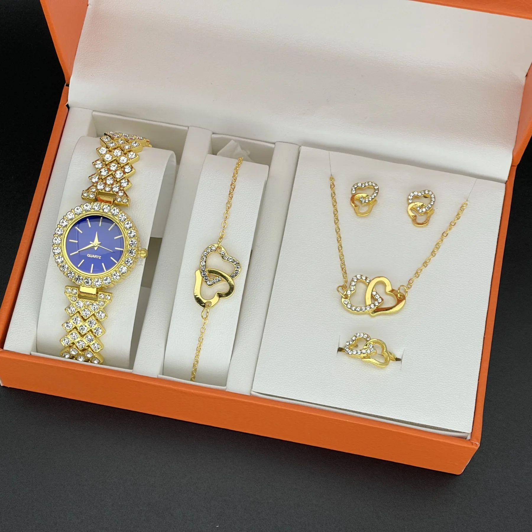 6PCS Set Luxury Watch Women Ring Necklace Earring Rhinestone Wristwatch  Casual Ladies Bracelet Watches