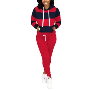 Custom Made Full Length Striped Hooded Two Piece Outfits for Women Jogging Suits Casual Sweatsuits Female Tracksuits Work Sport