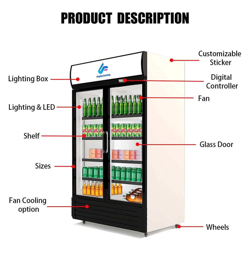 Commercial Double Door Vertical Refrigerated Display Cabinet Glass ...