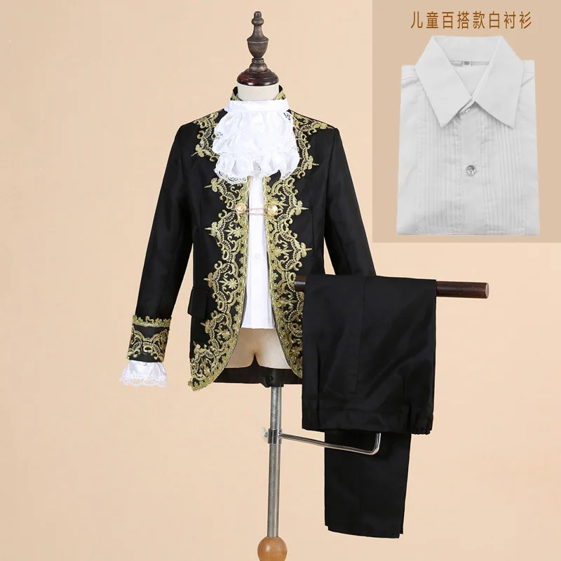 Victorian Prince Costume Suits Blazer Child Halloween Jabot Tie Outfit Cosplay Uniform Lace Jacket Coat for Kid Boys