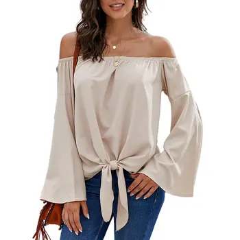 Fashion Design Sexy Wrap Flare Butterfly Long Sleeve Off Shoulder Spring Blouse Ladies