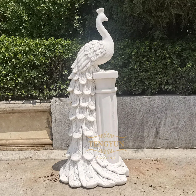 Garden Outdoor Decorative White Marble Peacock Sculpture Stone Peafowl