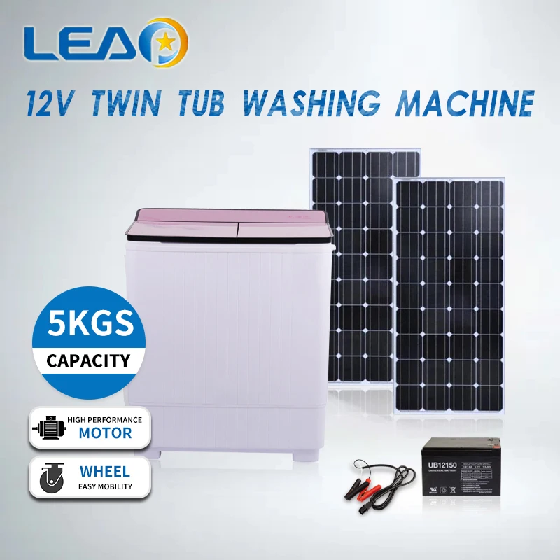 DC 12V Energy Saving Solar Washing Machine Twin Tub Washing Machine with  Glass Panel