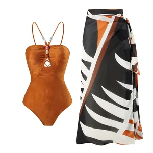 2024 Cut Out Halter Neck Swimsuit Monokini Bikini Biquinis Feminino Backless Two Pieces Bikinis Women Beachwear Swimwear +Sarong