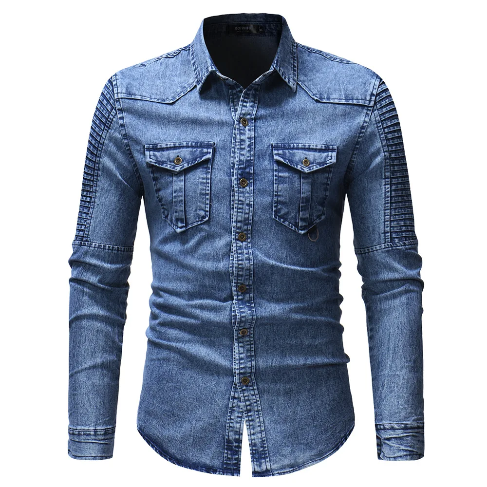 Mens Denim Shirts Western Long Sleeve Button Down Cotton Casual Work Jean Shirt gallery 7