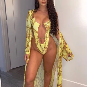 African Print Women Sexy Mesh Cover up Beachwear Cut Out One Piece Swimsuit With Chains