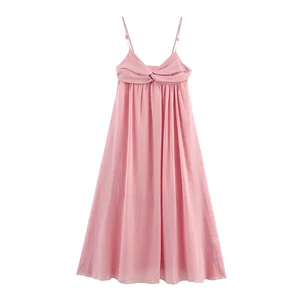Women's 2026 Summer Chic Vintage Midi Dress V-Neck Strap Backless Sleeveless Design Woven Solid Casual Vestidos Robe Mujer
