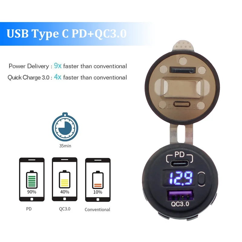 USB C Car Charger Socket, 12V USB Outlet with 18W Dual Pd Ports & 18W QC  3.0 Quick Charge Fast USB Type C Car Adapter for Car, Boat, Marine - China  Dual