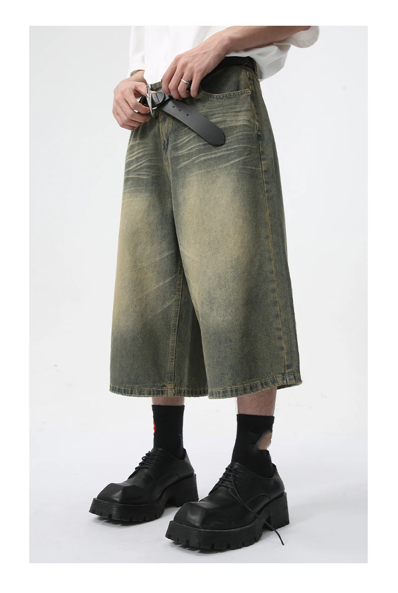 Pantaloni estivi dritti larghi da uomo, retrò, verdi, a gamba larga, drappeggiati, pantaloncini in denim corti, jeans larghi da uomo_voghion.com