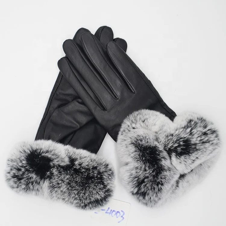 Лидер продаж роскошные кожаные перчатки меховая отделка манжеты из меха кролика Рекс зимние