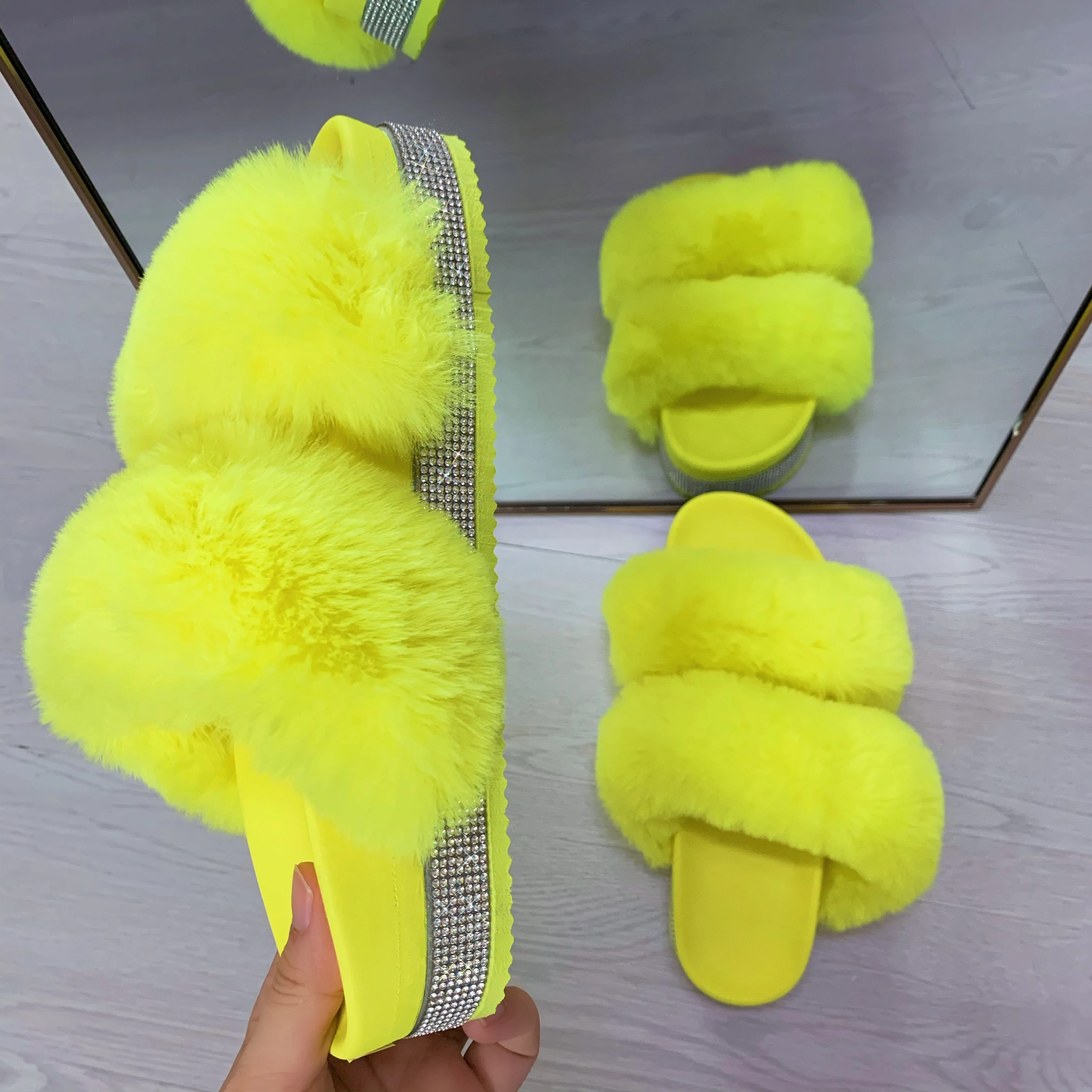 Neon yellow hot sale fur slides