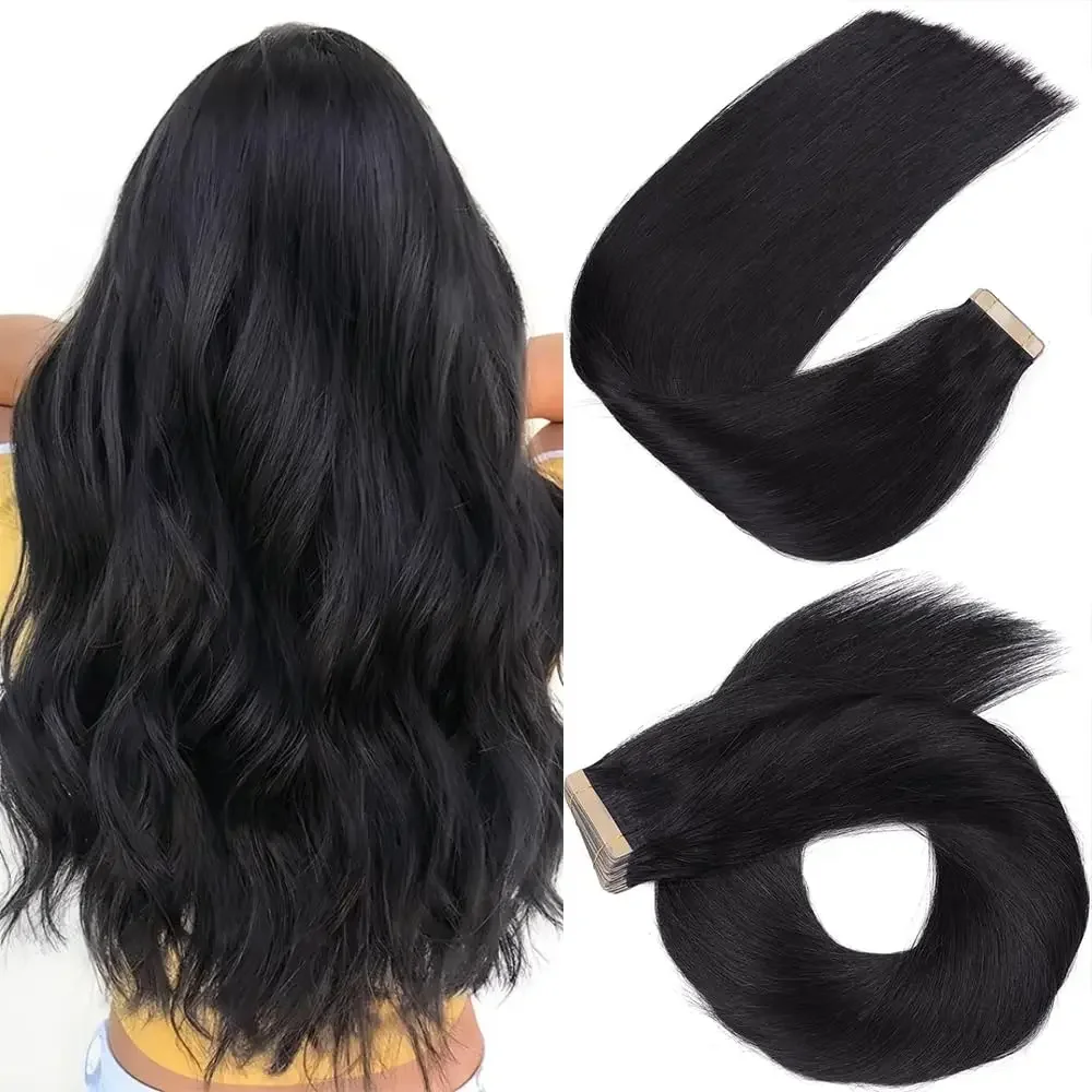 Tape In Extensions aus Echthaar, natürliche Farbe, glatt, Remy-Haartresse, selbstklebend, hohe Qualität, Nr. 1B, für den Salon_voghion.com