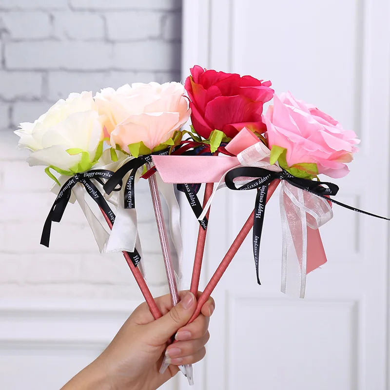 3 Pack Pink Rose Flowers Ballpoint Pens with Handicraft Artificial Flower on Top for Office Home Decor Gifts Signing Pen for Wedding Guest Book 