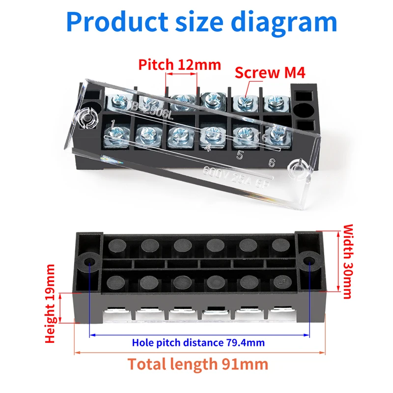 TB Series Black Double Row Fixed Fence Screw Terminal 2506 Terminal Brass Conductor 25A 6P 600V Terminal Block
