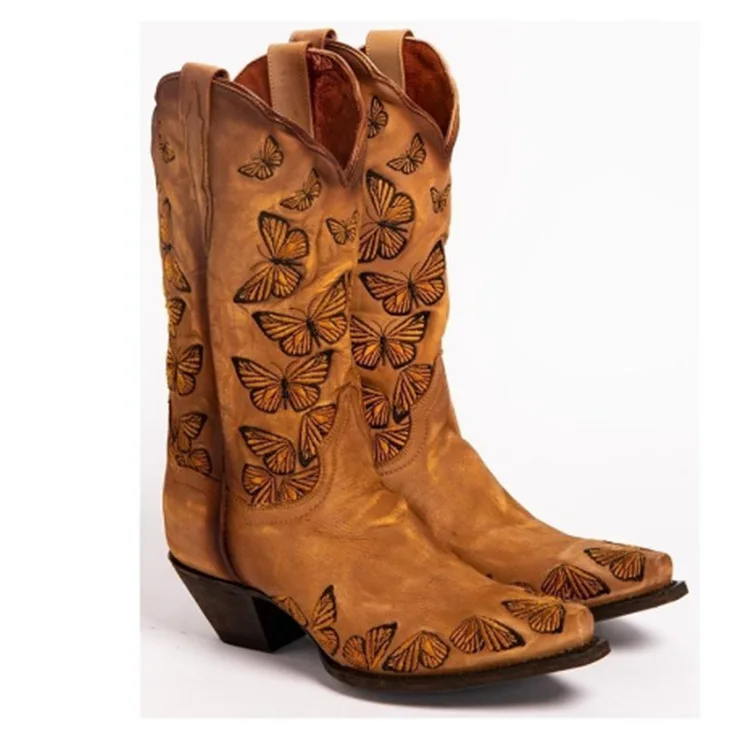 Botas De Estilo Occidental Con Mariposa Bordada Para Mujer,Botines Hasta La  Rodilla Retro De Estilo Vaquero,De Cuero,Hechas A Mano,Talla Grande - Buy  De Cuero Botas De Vaquero De Gran Tamaño,Mariposa Bordado Botas