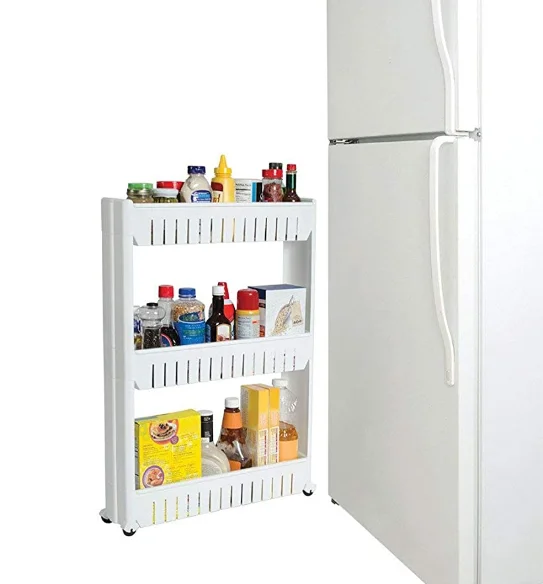 3-Tier Slim Storage Rack Narrow Space Organizer with Wheels for Bathroom & Kitchen Removable Corner Shelf in Plastic