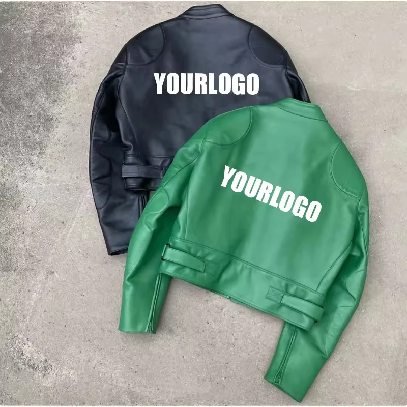 Custom LOGO Embroidery Patch Print Bikers Cropped Jacket Streetwear Motorcycle PU Leather Men Racing Jacket gallery 5