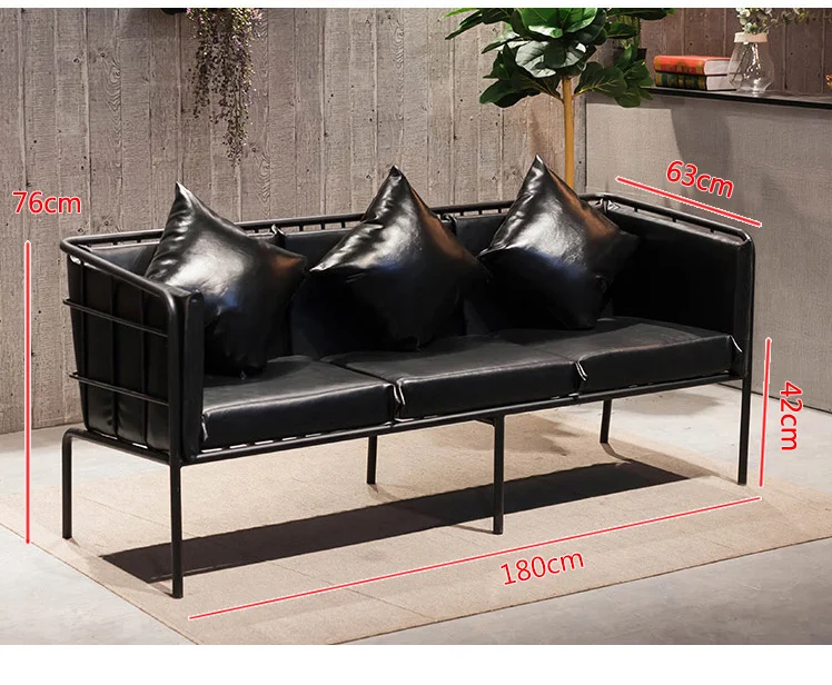 Hot Sale Living Room Furniture Metal Frame Leather Cushion Wire Vintage Leather Sofa