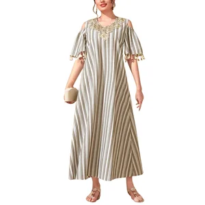 Middle East New Women Spring Striped Muslim Robe Tassel Short Sleeve Loose High Waist Dress