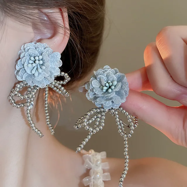 Silver Needle Super Immortal Fabric Flower Bow Beaded Sweet Rural Style Female wholesale Stud Earrings for Women