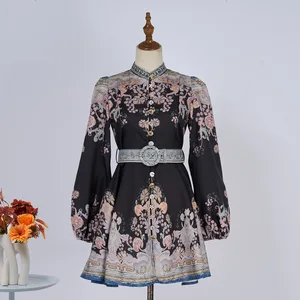 Cross-border Australian Spring Autumn Court Vintage Knee-Length High Waist Slimming A-Line Skirt Lining Collar Lantern Sleeve
