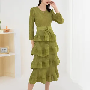 Miyake Dress 2025 Summer Factory Outlet Women Casual Style Cake Dress Loose Belt Elegant Pleated Dress