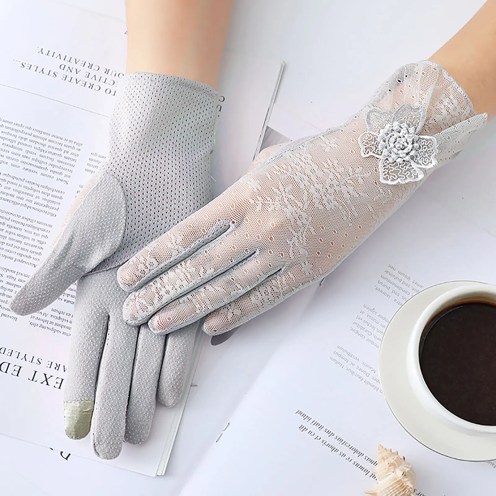 Новые солнцезащитные перчатки в горошек с сенсорным экраном ультрафиолетовая защита серые кружевные летние уличные для женщин и