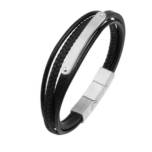 TIZTI Bracelet Fashion Multiple Leather Bracelet with Steel ID Bar Engraved Name Bracelet for Men DIY Genuine Leather Bracelets
