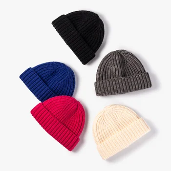 Custom Acrylic Yarn Dyed Solid Color Winter Knit Hats Fisherman Short Cuffed Beanie for Men and Women