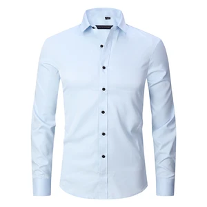 Men's Casual Anti-Wrinkle Long Sleeve Solid Color Shirt Four-Sided Stretch Slim-Fit Single Breasted Button Twill for Autumn
