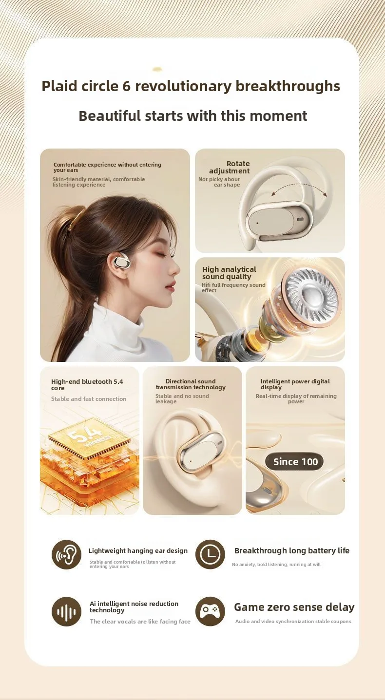 2025 New True Wireless Earphones 90° Rotating Ear Hook Sports Earbuds with ACS Space Audio and AI Noise Reduction Technology