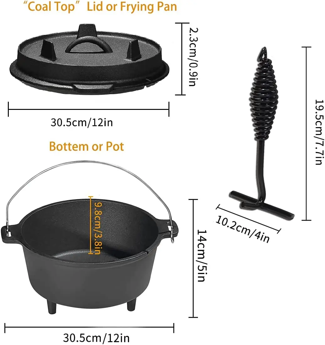 Outdoor Dutch Oven Set Cast Iron Cooking Pot With Lid Lifter Camping Burnt Grill Bbq 2 In 1