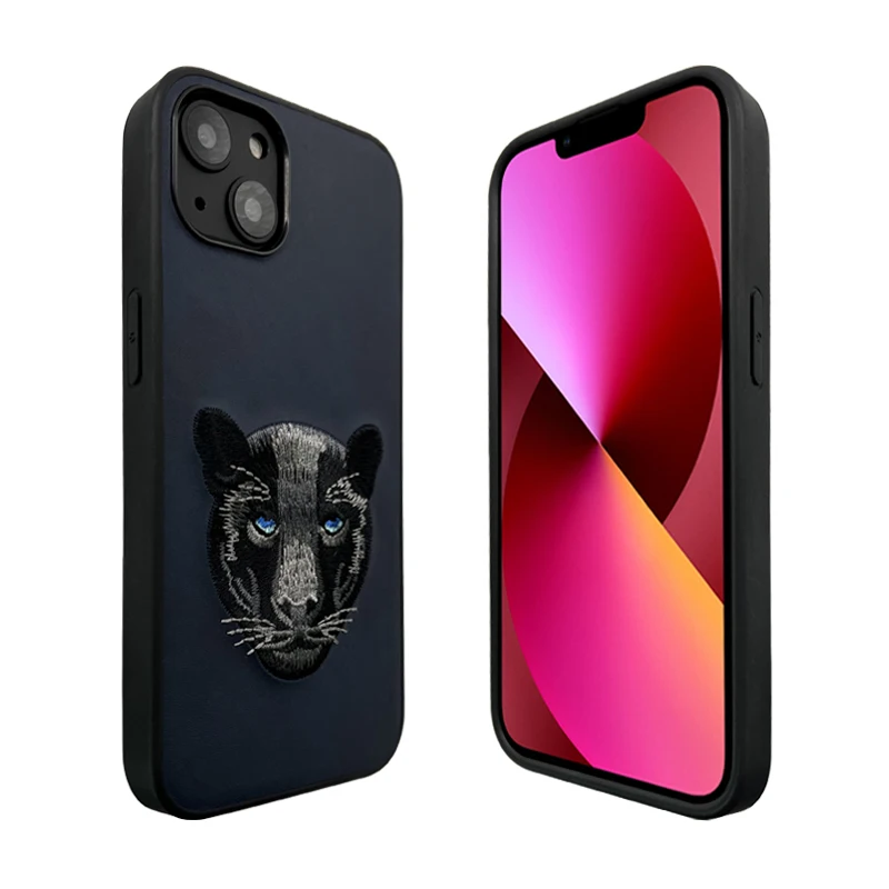Custom Pattern logo High Quality Animal Embroidery Soft Slim Pu Pure Leather Mobile Phone Cases for iPhone 14 15 Pro Max