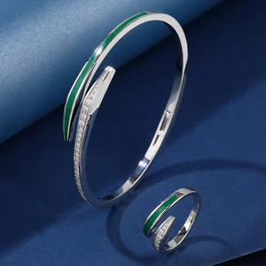 Luxury Classic Vintage Rhodium Plated Zircon Jewelry Set Tarnish Resistant Brass Bracelet Ring Women Wedding Party Gift