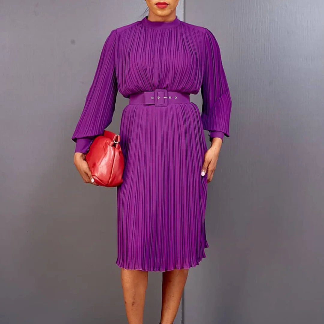 D355p Latest Design Women Pleated Dress Solid Color A Line Oneck