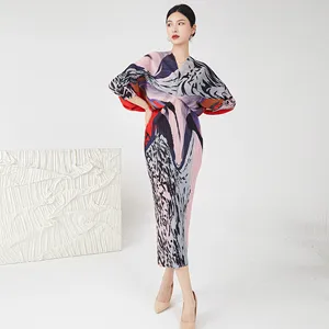 Miyake Pleated Batwing Sleeve Dress Fashion Print Gradient Color Loose Plus Size African Women Casual Dress Fishtail Dress