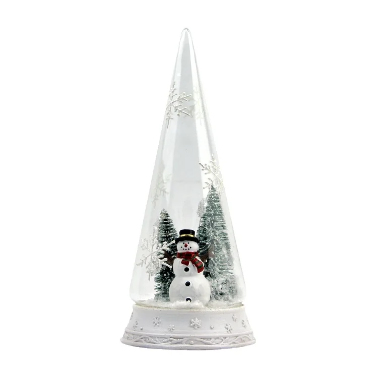 decorative Christmas tree and snowman in Glass dome Cloche Bell cover with snow shaped Led string Light