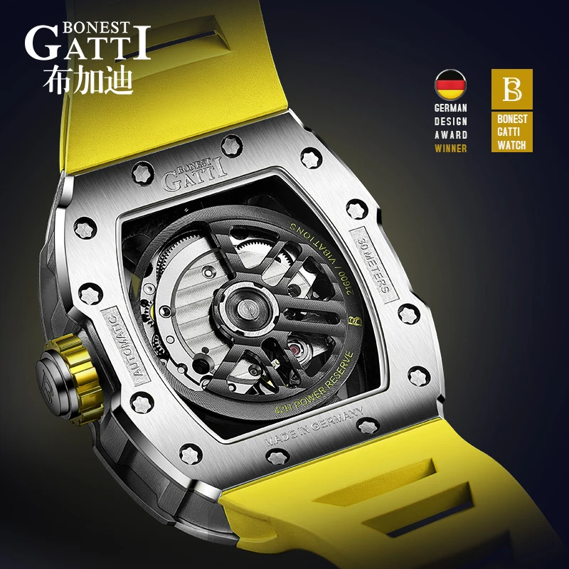 Bonest Gatti Luxury Brand Automatic Skeleton Men Watch with 316L  Stainless Steel Mechanical Movement Watches BG9903-A6