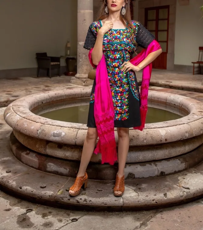 Mexican Floral Embroidered Dress Traditional Mexican Bridesmaid Mini